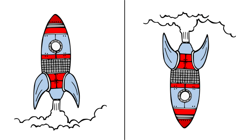 Dječji crtež rakete koja putuje u svemir na lijevoj polovici slike, a vraća se na Zemlju na desnoj polovici slike.
