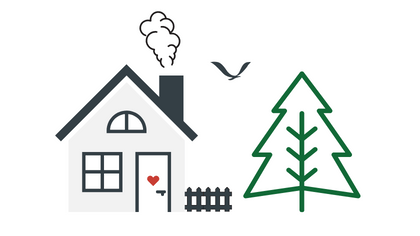 Crtež kuće s raznim detaljima.