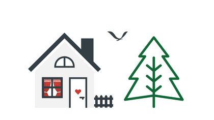 Crtež kuće s raznim detaljima.