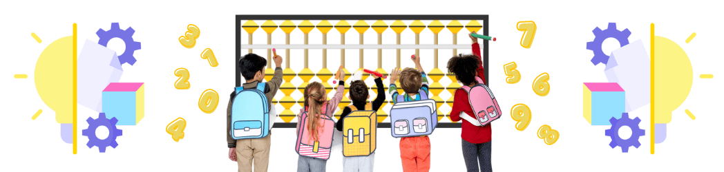 Djeca stoje ispred ploče i za računanje koriste abakus.